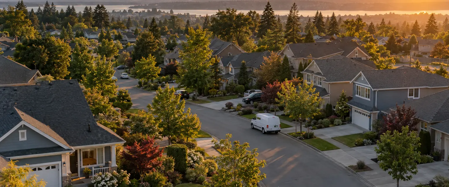 Rooftops of a suburban neighborhood at sunrise