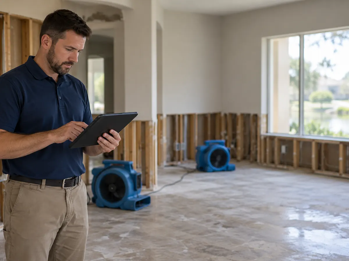 A restoration contractor checking a tablet in a gutted room