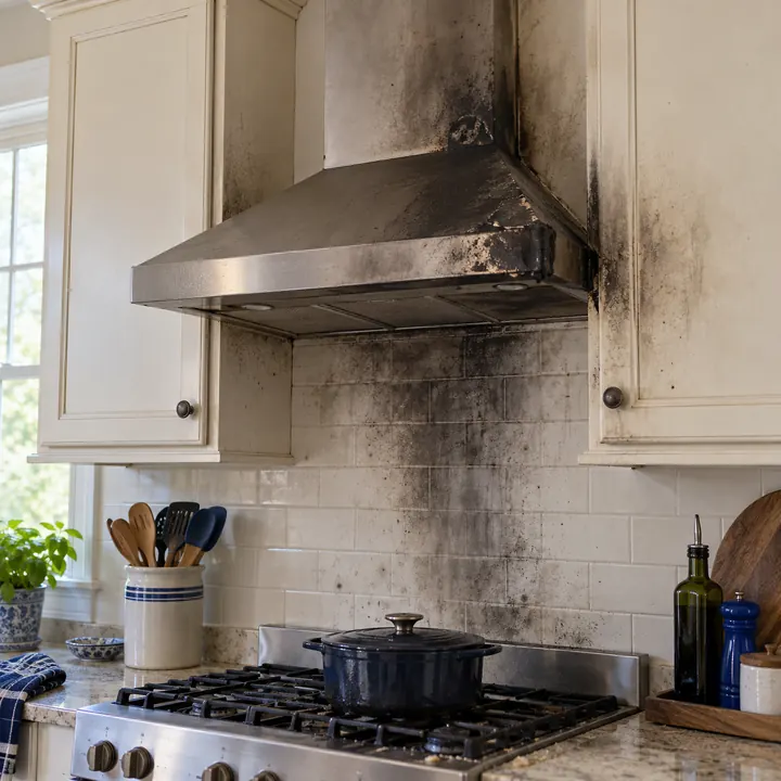Soot on a kitchen range hood after a fire