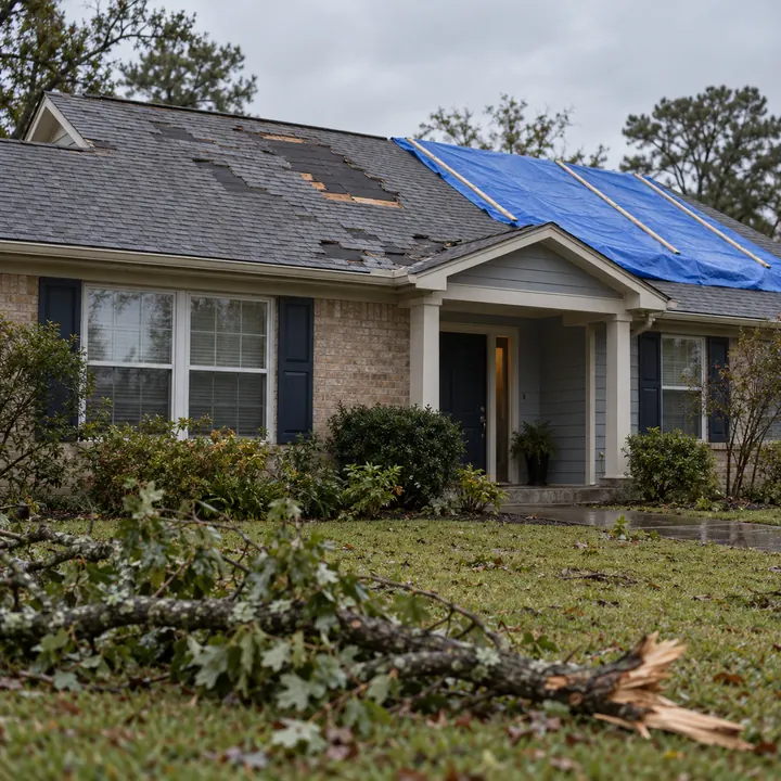 A tarped roof and a fallen limb after a storm