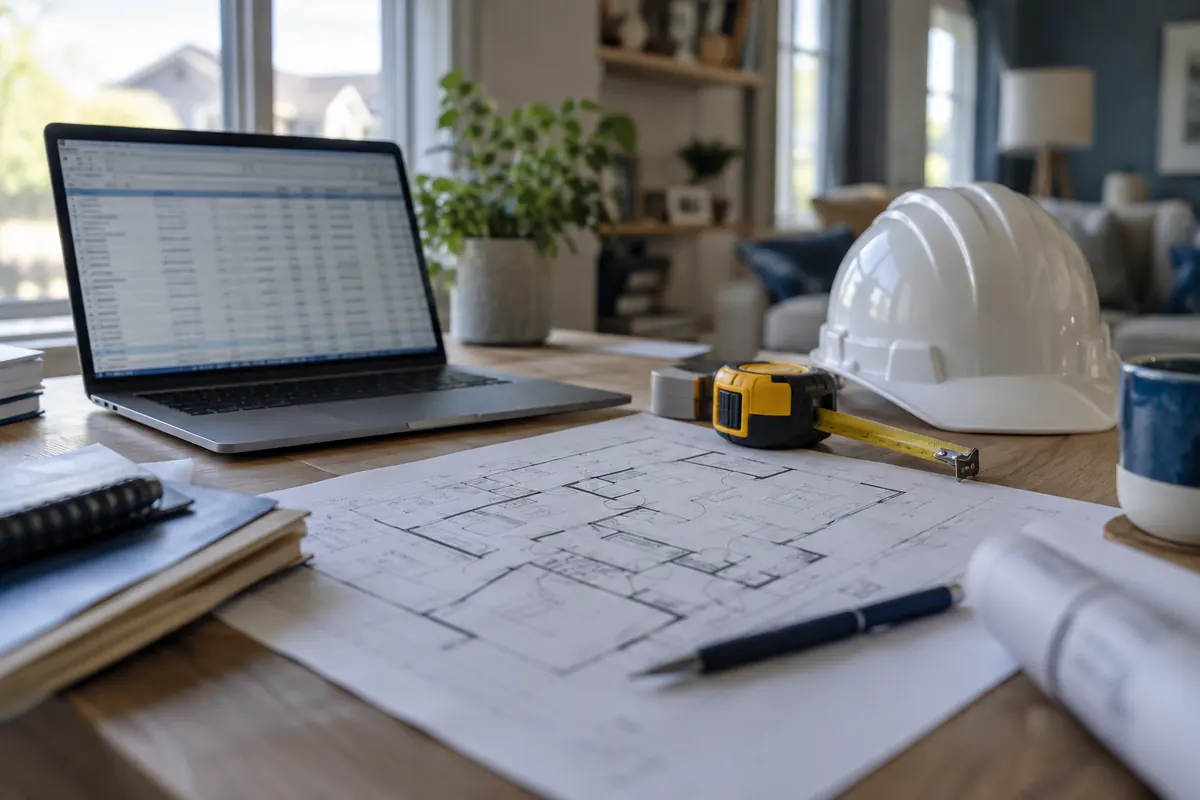 A finished estimate on a laptop beside a floor plan, tape measure and hard hat