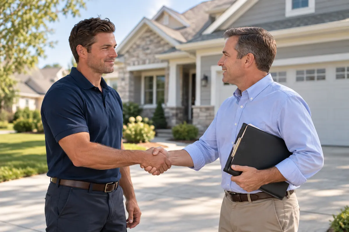 A contractor shaking hands with an adjuster in a driveway