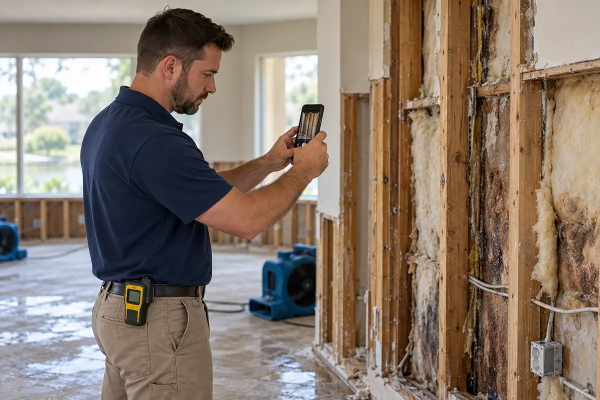 A contractor photographing an opened wall with air movers running