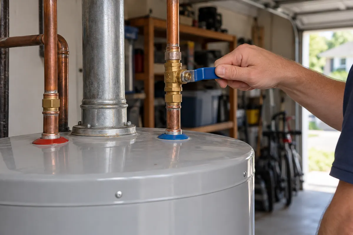 A hand closing the blue lever on the cold-water inlet above a water heater