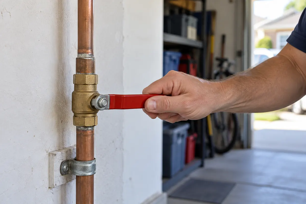 A hand turning the red lever of a ball valve on the main water line where it enters a garage