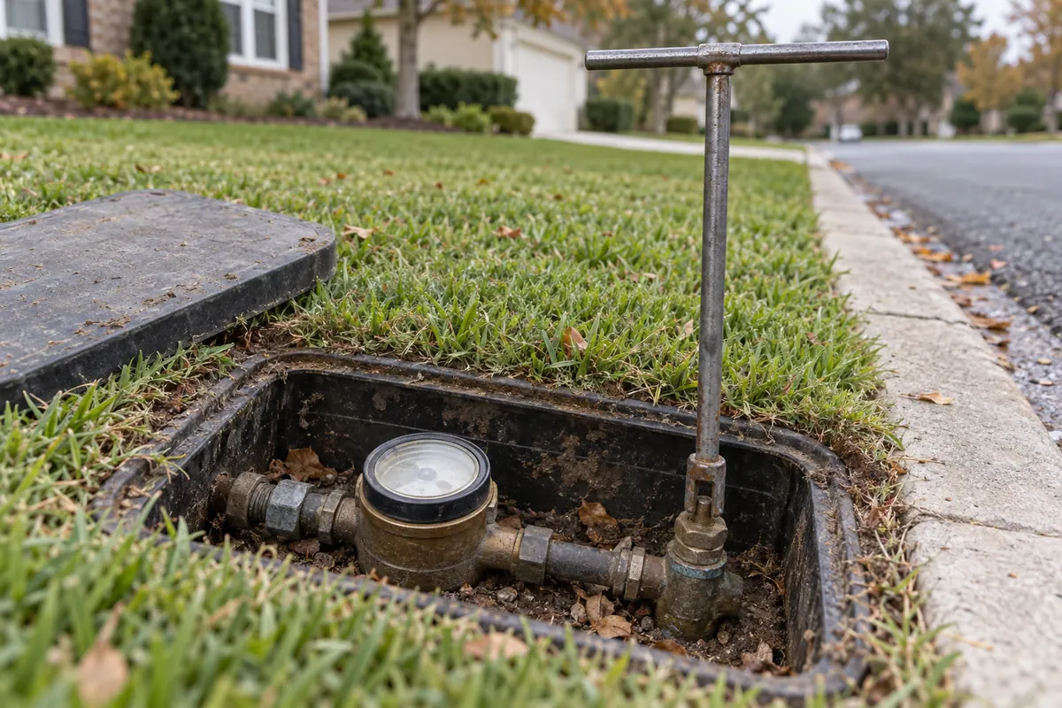 An open water meter box at the curb with a T-handle meter key on the shutoff