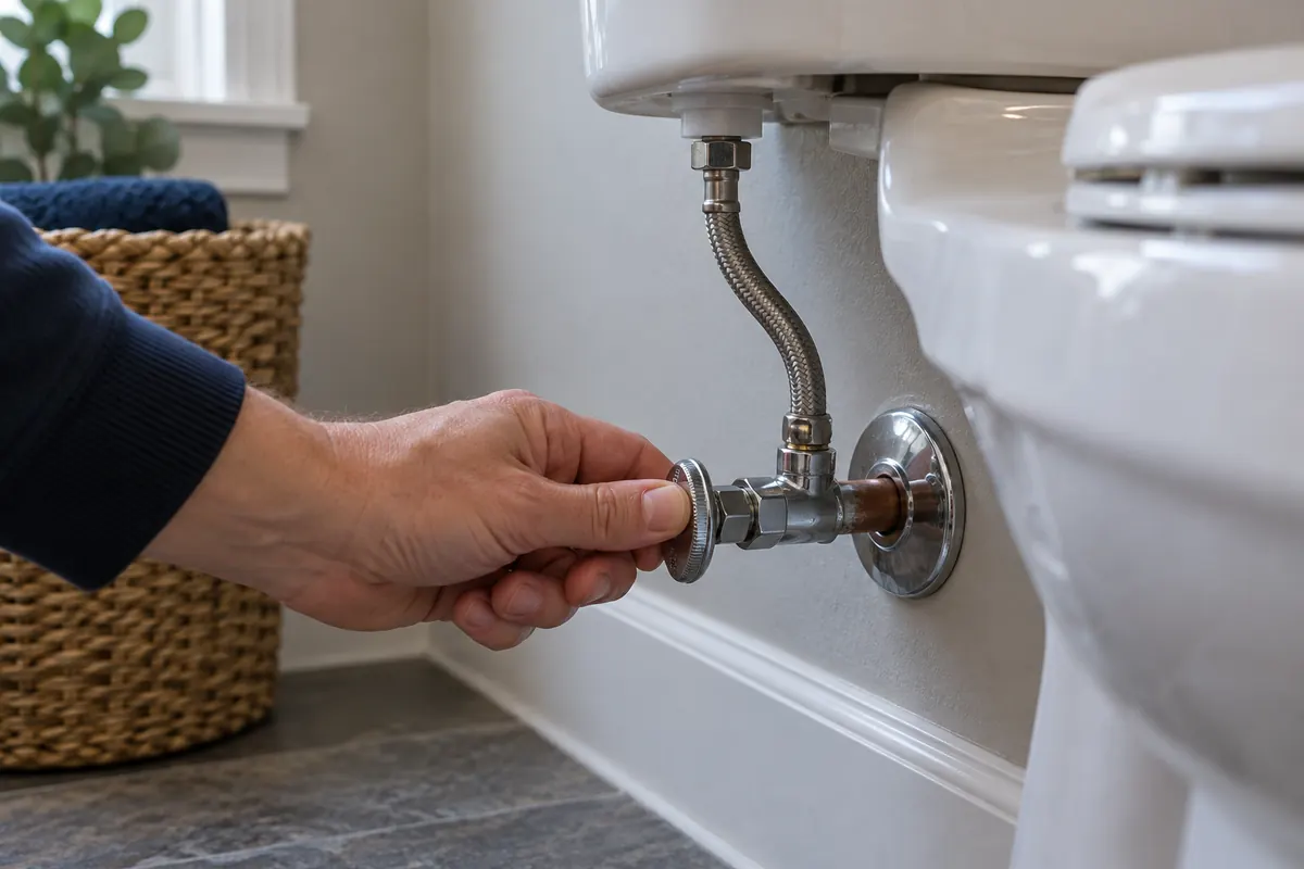 A hand turning the supply valve on the wall behind a toilet
