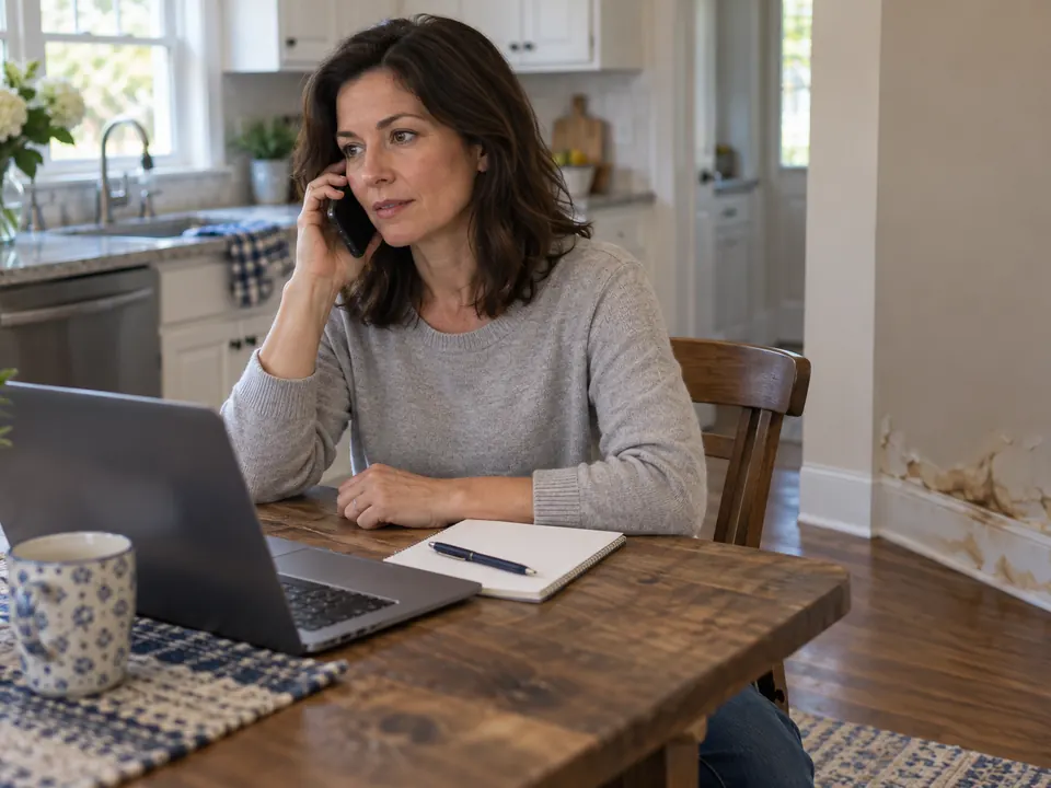 A homeowner on the phone at the kitchen table with a laptop
